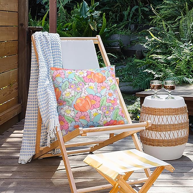 JASEN Outdoor Waterproof Throw Pillow Covers 18x18 Inch, Spring Floral Double Sided Decorative Square Covers for Patio Furniture Garden Square Couch & Sofa - Pack of 2 (Floral B)