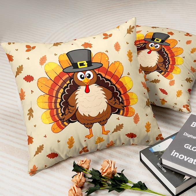 Pack of 2 Thanksgiving Throw Pillow Covers Cartoon Turkey with Autumn Maple Leaves Pillow Covers 24x24 Fall Leaves Pillow Case Square Cushion Case for Living Room Couch