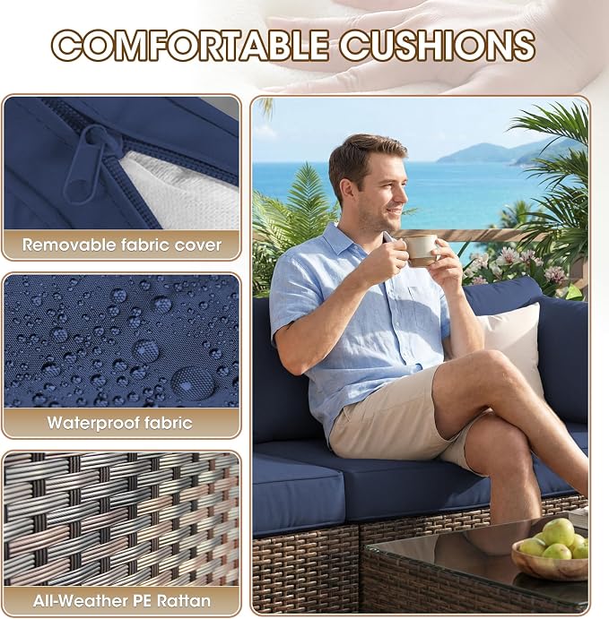 Patio Furniture Set 7 Piece Outdoor Wicker Sectional Sofa - All Weather High Backrest PE Rattan Couch Conversation Set with Cushion & Glass Top Table for Backyard Deck (Blue, L-7 pcs w/glass table)