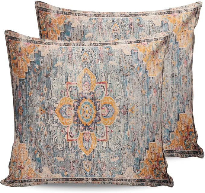 Prime Leader Outdoor Waterproof Pillow Covers Set of 2, Geometric Abstract Carpet Flowers Pattern Yellow Patio Throw Pillow Covers, Decorative Cushion Case for Couch Sofa Furniture Garden, 16x16 Inch
