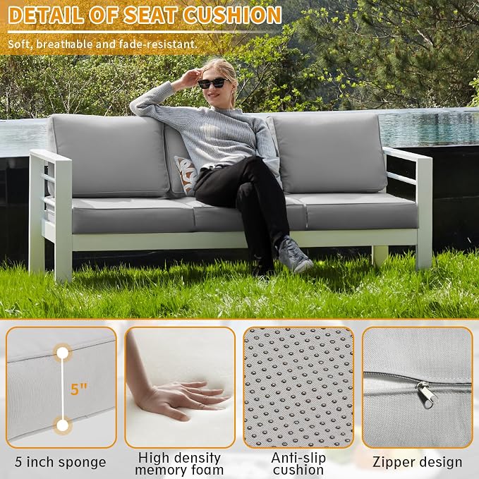 Aluminum Patio Furniture Set, 3-Seat Outdoor Furniture Set with 5 Inch Cushions, Patio Sets with Waterproof Covers for Backyard Garden(White)