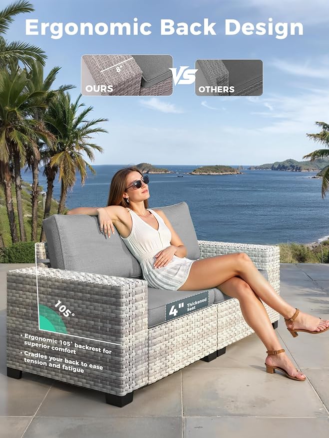 6 Piece Outdoor Wicker Sectional Sofa Set, 5-Seats Patio Furniture Conversation Set with 4" Thickened Cushions & Coffee Table, All-Weather PE Rattan for Garden, Backyard, Porch, Gray
