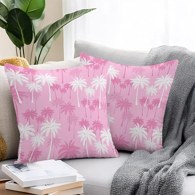 Throw Pillow Covers 16x16 Inch Set of 2, Tropical Palm Tree Waterproof Outdoor Pillow Covers, Magenta Pink Plants Coastal Leaf Beach Decorative Cushion Pillowcases for Couch, Sofa, Bed, Garden, Patio