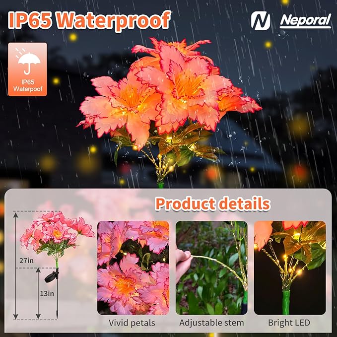 Neporal Solar Flowers Outdoor Waterproof Rhododendron, Garden Solar Lights Decorative 4PK 7-Stem, 2 Decor Lighting Modes, Solar Powered Garden Decor, Solar Yard Decor (Pink)