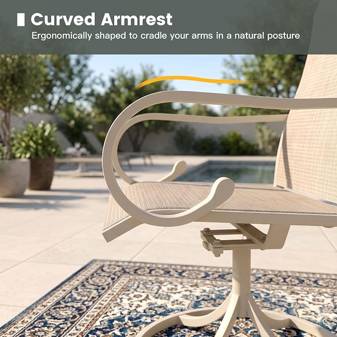 7 Pieces Patio Dining Set, 6 Outdoor Swivel Dining Chairs with 63" Rectangle Metal Outdoor Dining Table with Umbrella Hole for Garden Backyard Deck, Sandshell
