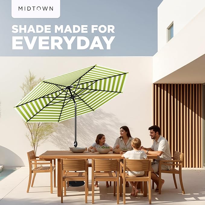 Midtown Umbrellas - 10-Year-No-Fade 10 Ft Patio Umbrella with Terylast Fabric, Auto-Tilt Aluminum Frame and 8 Reinforced Ribs for Deck, Pool, Garden & Beach - Green/White Stripes Canopy, Black Pole