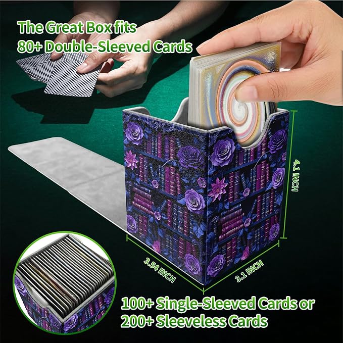 Purple Flower Books Card Deck Box for MTG, Personalized Card Storage Case Fits 120+ Sleeved Cards, Premium Leather TCG Box with Strong Magnetic Closure for Magic, CCG, PTCG, Baseball Cards