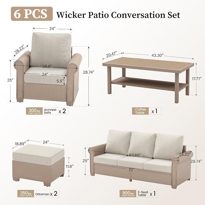 Patio Furniture Set 6 pcs, Wicker Rattan Sofa with 5.5” Thick Waterproof Cushions, 2 Chairs, 2 Ottomans and Coffee Table, All Weather Outdoor Conversation Set for Backyard Deck, 7 Seats Beige