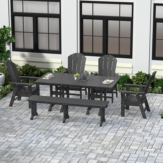 WestinTrends Malibu 6 Piece Adirondack Patio Dining Set with Bench, All Weather Poly Lumber Outdoor Table and Chairs, 71" Trestle Dining Table, 4 Adirondack Chair with Dining Bench, Gray