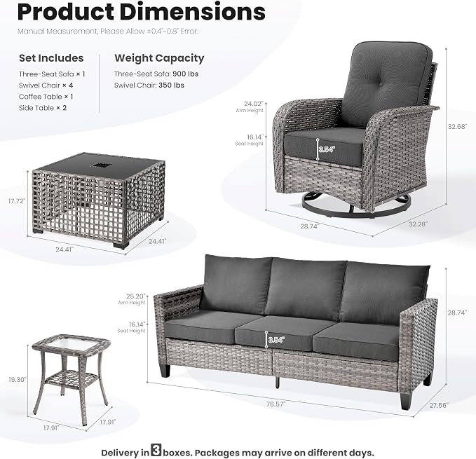 ovios 8 Pieces Patio Furniture Set, Outdoor Wicker Sofa Couch with Swivel Glider Chairs Solar Lights Table, Modern Deep Seat Rattan Conversation Sets for Deck Porch, Black