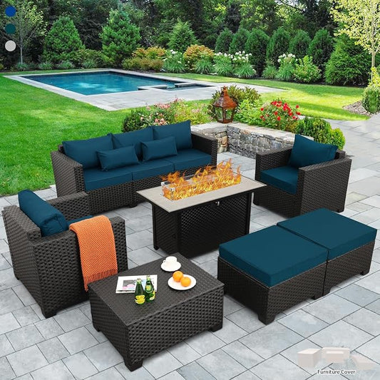 Outdoor Patio Furniture 60000 BTU Outdoor Propane Fire Pit Table Patio Furniture Set 45 In Outdoor Fire Pits 7 Pieces Patio Sofa Outdoor Chairs Anti-slip Cushions Waterproof Covers, Peacock Blue