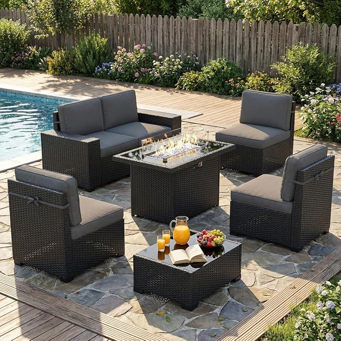 LayinSun 7 Pieces Outdoor Patio Furniture Set with 44" Fire Pit Table Rattan Sectional Sofa Conversation Sets