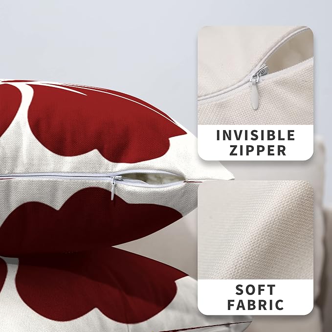 Floral Linen Square Throw Pillow Covers 24x24 Tropical Plant Decorative Pillow Casa Red Flowers Petals Cushion Covers for Couch Patio Car Home Decor 2 Pack, White