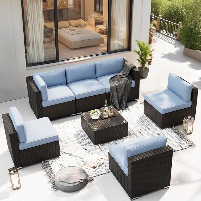 SUNCROWN 7-Piece Outdoor Patio Furniture Sofa Set All-Weather Black Wicker Sectional Conversation Set with Modern Glass Coffee Table and Cushions, Backyard, Garden, Poolside, Light Blue