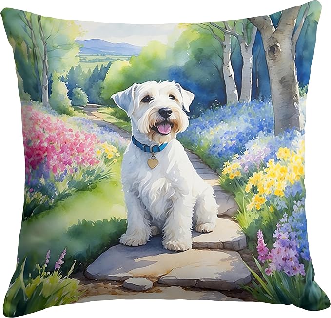 Caroline's Treasures Sealyham Terrier Spring Path Throw Pillow Machine Washable, Indoor Outdoor Decorative Pillow for Couch, Bed or Patio, 14Hx14W