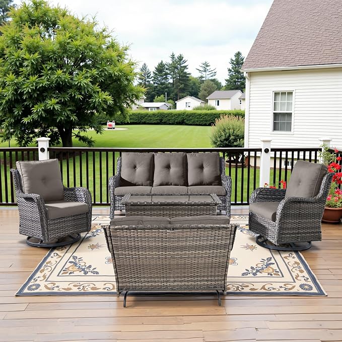 Belord 5 Piece Outdoor Wicker Furniture, Patio Swivel Rocking Chairs with Loveseat and 3 Seat Sofa,All Weather Patio Conversation Furniture Set, for Backyard Poolside Gray Wicker/Gray