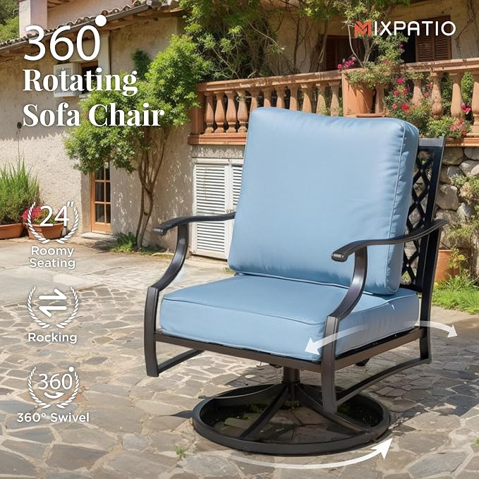 MIXPATIO Patio Furniture Set 6 pcs, Outdoor Patio Furniture, 3-Seat Sofa, 2 Swivel Chairs, 2 Ottomans, Coffee Table and 5.75" Extra Thick Cushion, Patio Conversation Set for Garden Backyard Deck,Blue