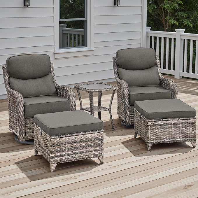 Rilyson Wicker Outdoor Patio Furniture Set - 5 Piece Patio Conversation Sets with Swivel Rocker Chairs, Ottomans and Side Table, 6 inch Cushions, Waterproof Wicker, for Porch Deck Mixed Grey/Grey