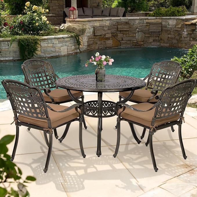 5-Piece Outdoor Patio Dining Set, All-Weather Cast Aluminum Patio Furniture Set for Backyard Garden Deck with 4 Chairs, 4 Cushions and 38.5" Round Table, 2" Umbrella Hole