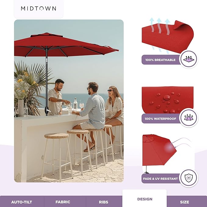 Midtown Umbrellas – The Lean 8 Ft Patio Umbrella with 10-Year-No-Fade Acrylast Acrylic Fabric, Auto-Tilt and 8 Reinforced Ribs for Deck, Pool, Garden, Hotel & Cafes – Regatta Red Canopy, Black Pole