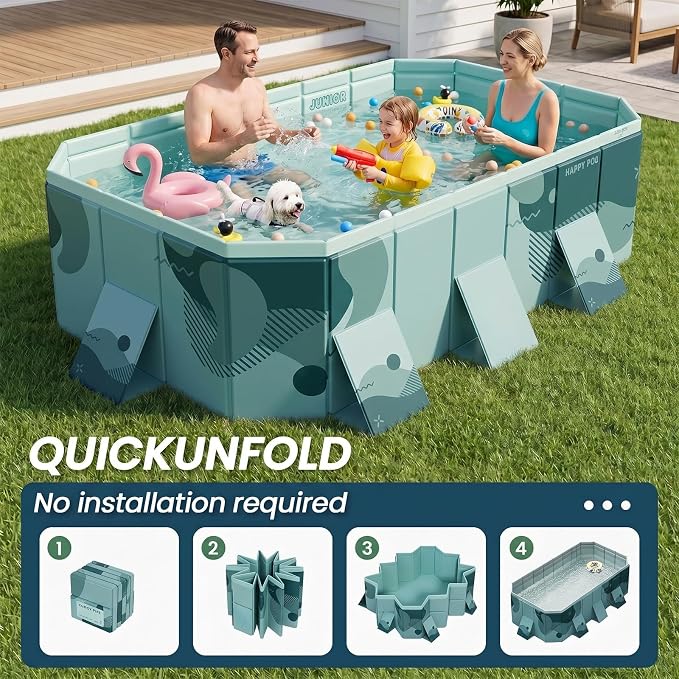 113" Non-Inflatable Foldable Pool, Extra Large Collapsible Swimming Pool with Rigid Hard Composite Board, Thickened Portable Pool for Outdoor, Backyard, Family, Camping (Film Green, 3M)