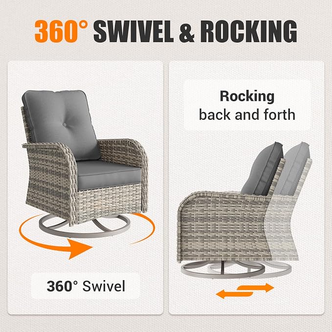 11-Piece Outdoor Patio Furniture Set with Rocking Swivel Chair Wicker Sectional Sofa Set, Patio Conversation Set with Ottomans & Coffee Table for Garden, Backyard, Poolside, Grey
