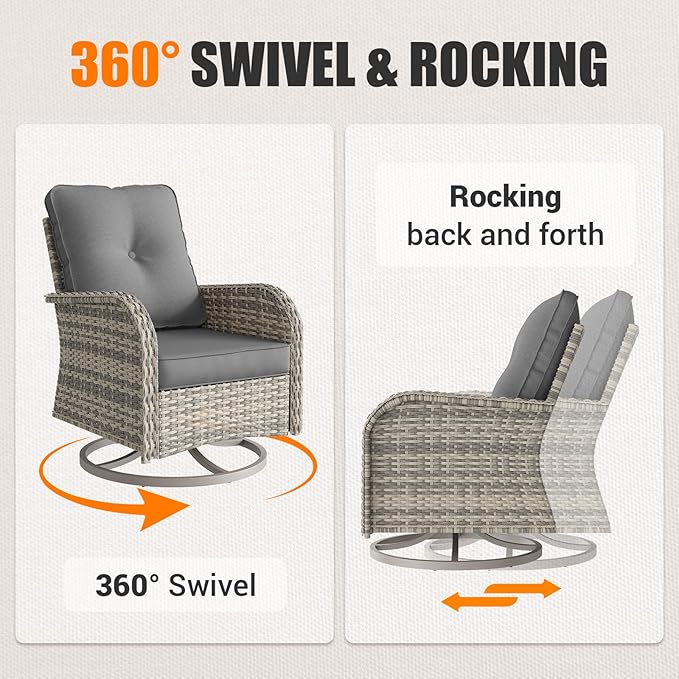 13-Piece Outdoor Patio Furniture Set with Rocking Swivel Chair, PE Wicker Rattan Sectional Sofa Patio Conversation Set with 55,000 BTU Fire Pit Table & Coffee Table, Grey