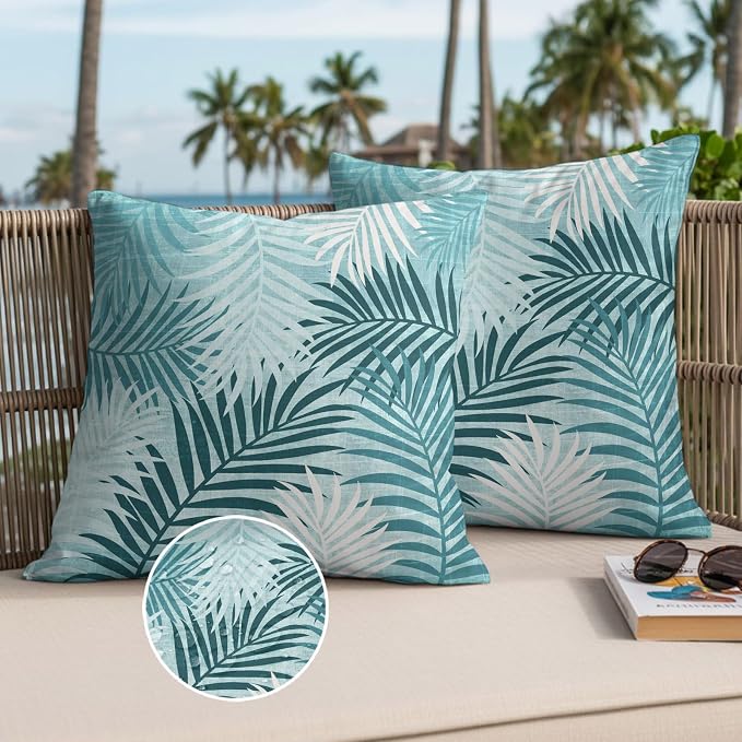 Turquoise Palm Leaves Waterproof Outdoor Pillow Covers Set of 2 Home Decor, Summer Tropical Leaf Plant Pillowcase Patio Pillow Covers for Couch Bench Patio Furniture Garden 16x16in