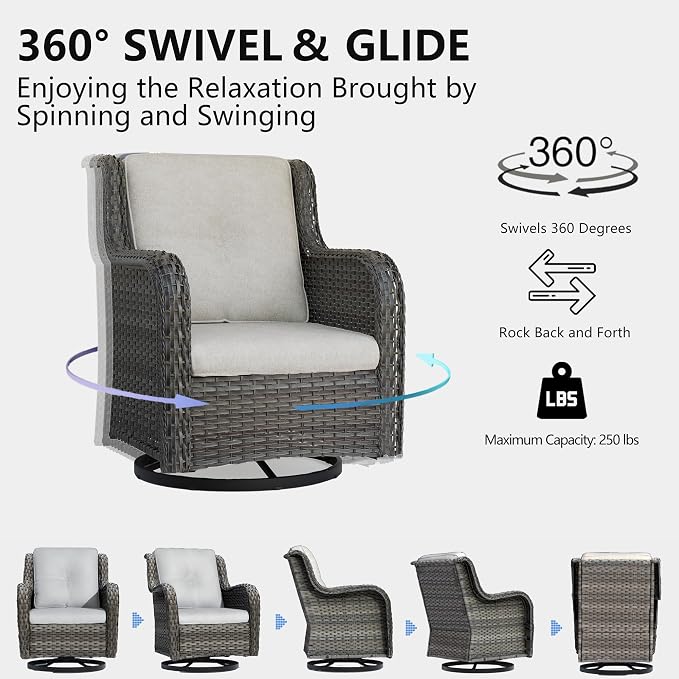 5 Piece Outdoor Patio Furniture Set Wicker Conversation Bistro Set Swivel Rocking Chairs with Side Table and Ottomans for Backyard, Porch, Deck(Mixed Grey/Beige)