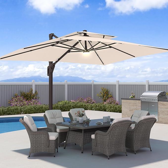 10x13 FT Patio Umbrella with Weighted Base and LED Lights Cantilever Outdoor Large Heavy Duty Rectangle Aluminum Offset Umbrellas Double Top 360 Rotation for Pool Deck Garden, Beige