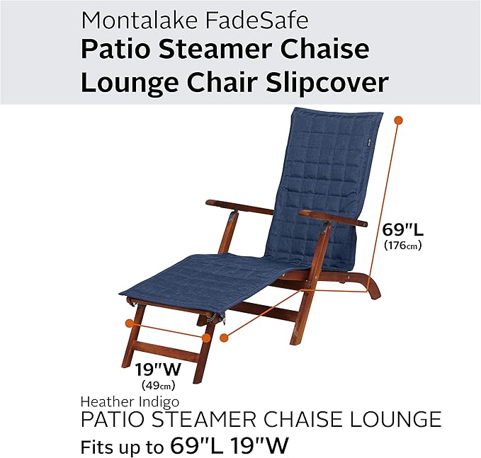 Classic Accessories Montlake Water-Resistant 69 Inch Patio Steamer Chaise Slipcover, Heather Indigo, Patio Furniture Covers