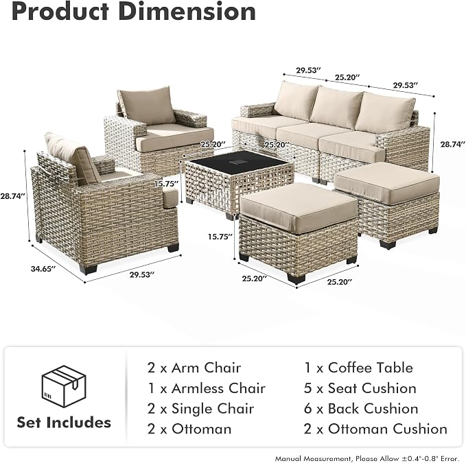 8 Pcs Outdoor Sectional Patio Furniture Set with Ottomans - All Weather Wicker Modular Outside Sectional Couch,Patio Seating Outdoor Conversation Sets for Deck Yard Garden,Beige
