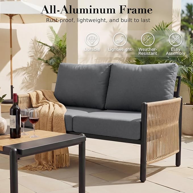Aluminum Patio Furniture Set, 4 Seats Outdoor Patio Furniture with Coffee Table, Outdoor Wicker Conversation Sets with Cushion for Backyard, Balcony,Porch,Dark Grey