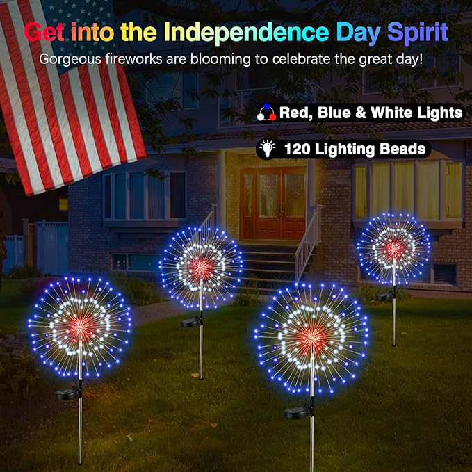 Lewondr 4th of July Firework Solar Garden Lights, Red Blue White Solar Firework Lights with 120 LED 2 Lighting Modes, Outdoor Waterproof Yard Lighting for Independence Day Memorial Day Decor, 4 Pack
