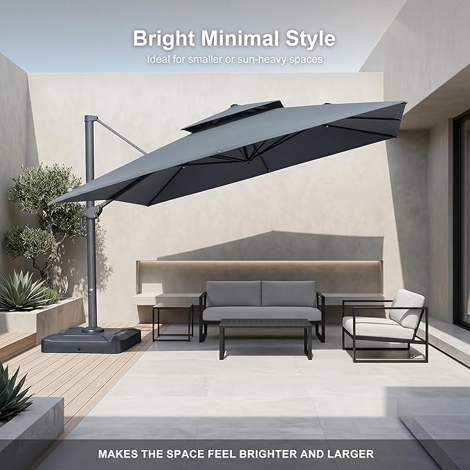 PURPLE LEAF 10 FT Cantilever Patio Umbrella Outdoor Umbrella with 220lbs Base Large Square Windproof Offset Umbrella for Pool Deck Garden, Mist Grey