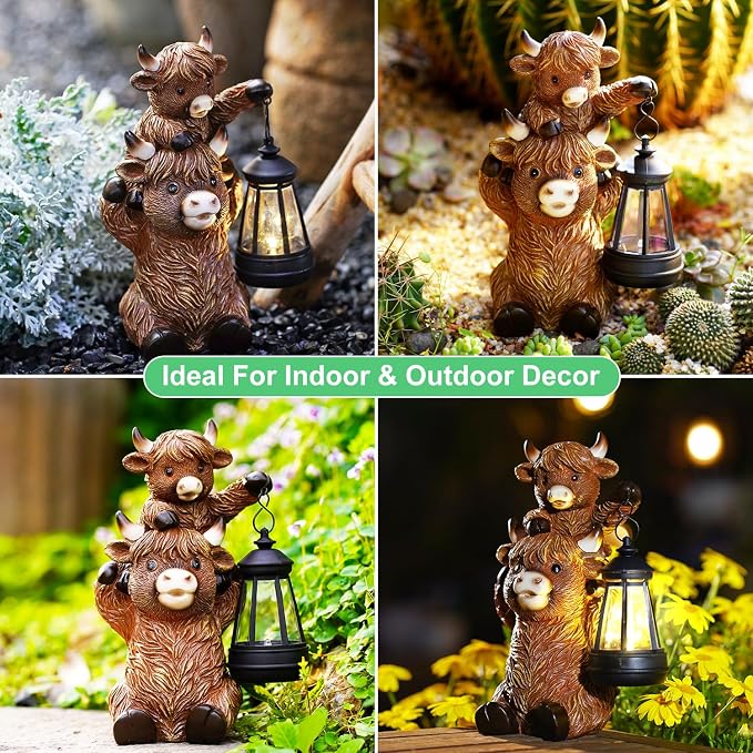 Goodeco 9.5 Inch Highland Cattle with Solar Lantern – Resin Garden Decor, Outdoor Statue & Unique Highland Cow Gifts (Brown)