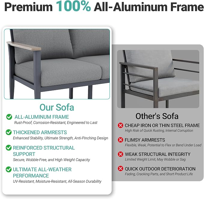Aluminum Outdoor Patio Furniture Set 5-Seat, Patio Conversation Set Sectional Furniture Set with Swivel Rocking Chairs High Backrest & Thickened Cushions for Garden, Backyard, Poolside, Grey
