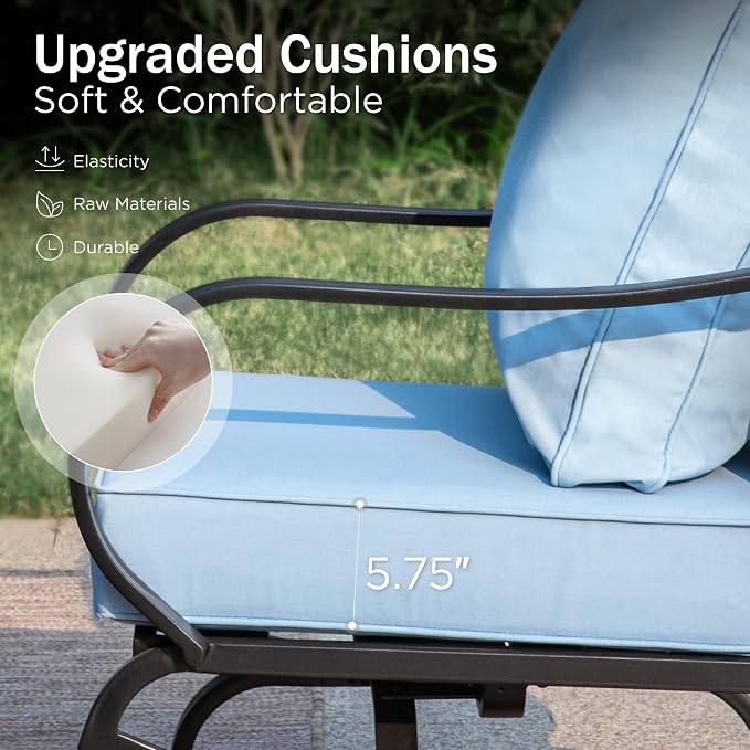 PHI VILLA 8 PCS Patio Furniture Set with Fire Pit Table,Metal Outdoor Furniture with 1 x 3-Seat Bench Sofa, 2 x Swivel Sofa Chairs, 2 x Leg Chair & 2 x Ottoman, Modern Patio Set, Light Blue