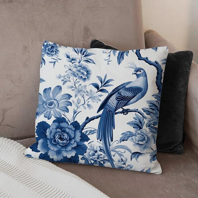 Cushion Cases Blue Indigo Floral Chinoiserie Throw Pillow Covers Rustic Asian Navy Lotus Bird Pillow Cover Accent Outdoor Waterproof Decorative Pillow Cover for Patio Deck Chair 16x16 in