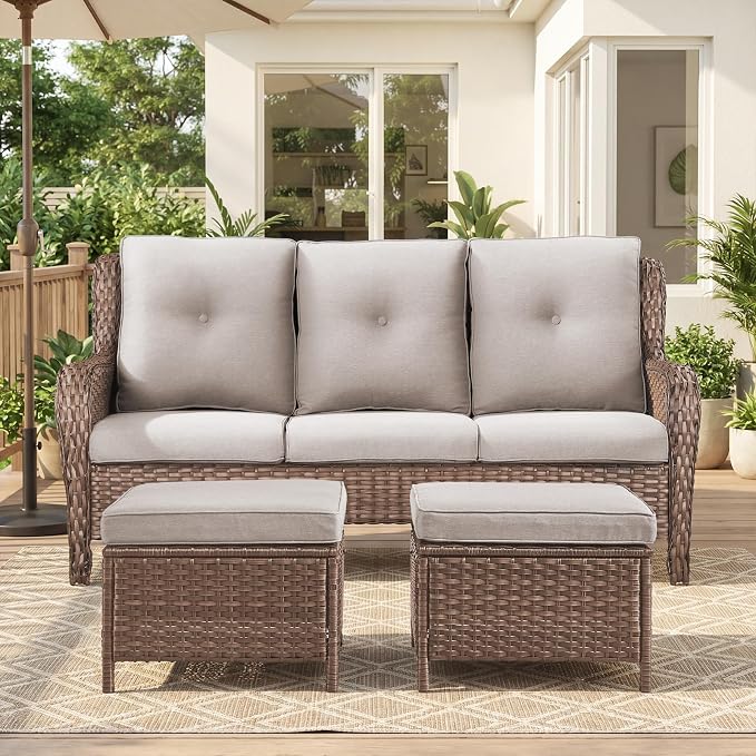 Belord 3-Piece PE Wicker Outdoor Sofa with 2 Ottomans, Luxury Patio Couch Convertible to Chaise Lounge, All-Weather High Back Deep Seat Woven Furniture for Deck, Porch - Yellow