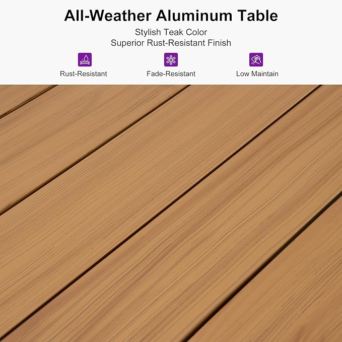 PURPLE LEAF 14 Pieces Patio Dining Set Wicker Outdoor Furniture Rectangular Table and Chairs Set for Garden Deck Teak-Finish & Grey Aluminum Frame Backyard Kitchen Set, Cushions and Pillows Included