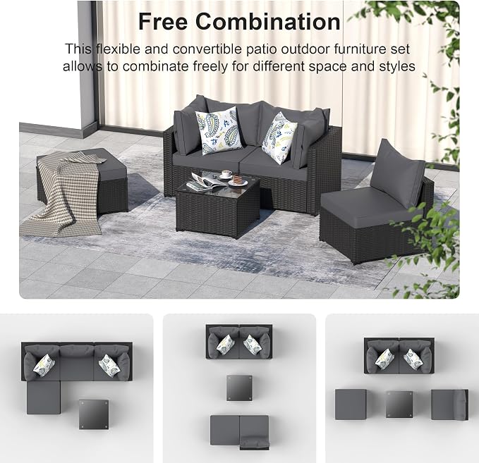 GOJOOASIS Patio Furniture Set Outdoor Sectional Sofa with Ottoman Wicker Couch Rattan Modular Seating Conversation Sets Porch Decor for Backyard, Balcony, Garden (Grey)