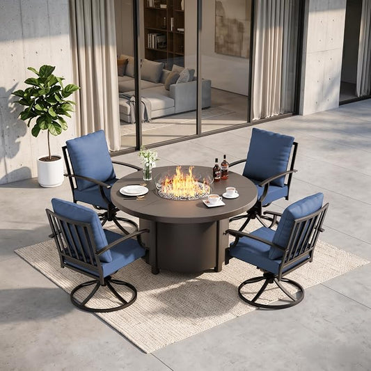 5 Pieces Outdoor Patio Furniture Set with 48" 55000 BTU Round Propane Fire Pit Table,Patio Dining Set Outdoor Conversation Sets 4 Swivel Chairs for Deck,Backyard and Garden,Dark Blue