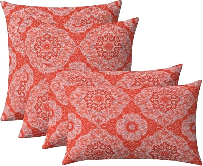 RSH DECOR: Outdura Lumbar & Square Pillows Set of 4 | 20" x 12" & 20" x 20" | Water and Fade-Resistant Fabric | Outdoor Throw Pillows for Patio Furniture | Made in USA (Ayorline Flamin)