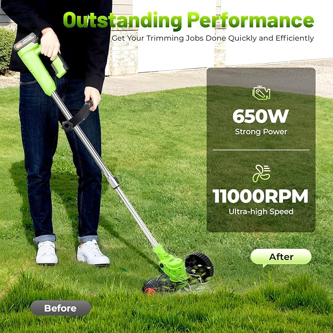 Cordless Grass Trimmer Electric Weed Wacker Cordless with U-Shaped Handle and Auxiliary Wheels (2 x 24V 1.3Ah Batteries & Charger) Adjustable Telescopic Rod for Garden Maintenance