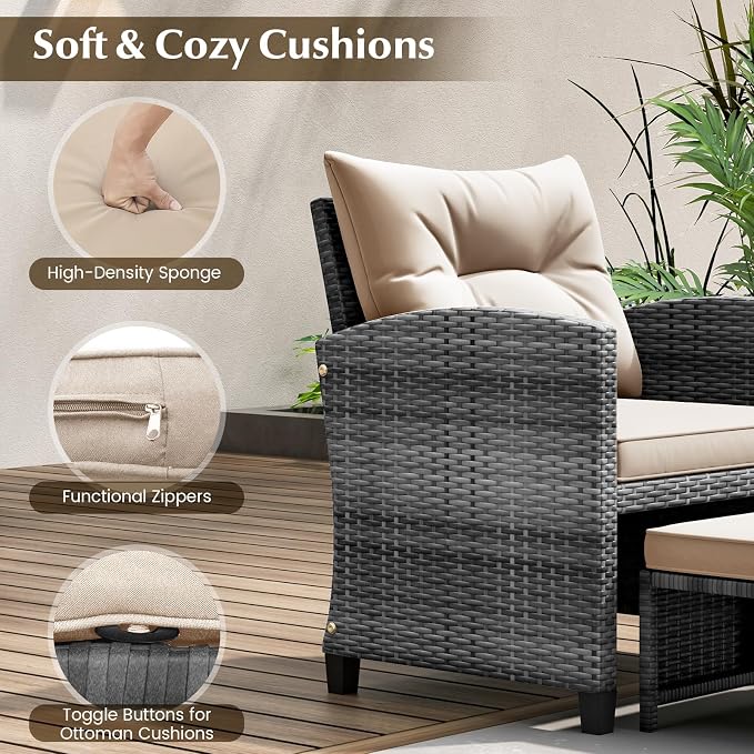 COSTWAY 5-Piece Rattan Conversation Set, Outdoor Wicker Sofa, Tempered Glass Coffee Table & Ottomans for Small Space, Boho Chic Indoor/Outdoor Furniture Set for Poolside, Backyard, Deck (Beige)