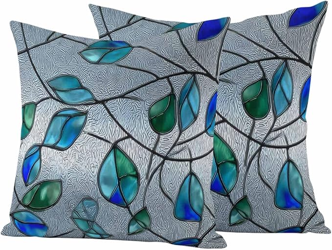Glass Leaves Outdoor Waterproof Pillow Covers Set of 2, Abstract Blue Green Ombre Leaf Glass Splicing Pillowcase Decorative Throw Cushion Cases for Patio Garden Couch 26 x 26 Inches