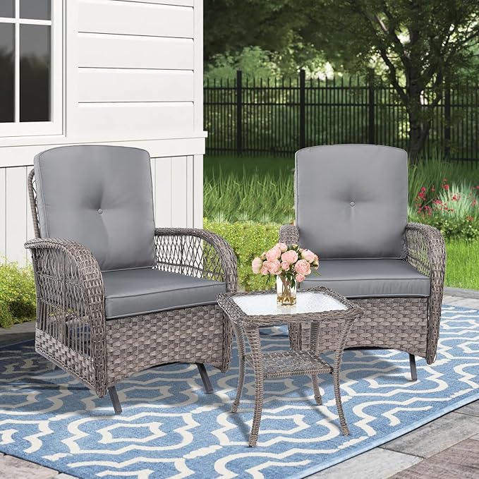 MEETWARM 3 Pieces Outdoor Patio Wicker Rocking Glider Set, Rocking Chairs Rattan Patio Furniture Sets with Glass-Top Coffee Table and Thickened Cushion, Conversation Bistro Set, Gray
