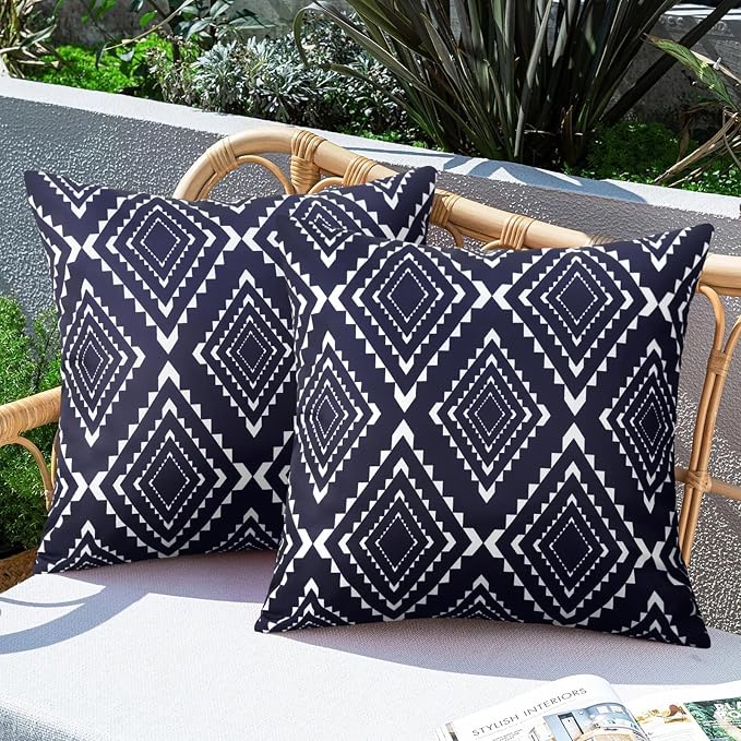 Merrycolor Pack of 2 Outdoor Waterproof Throw Pillow Covers Navy Blue Decorative Square Pillows Cushion Case Outdoor Pillows for Patio Furniture Garden Balcony Couch 18x18 Inch