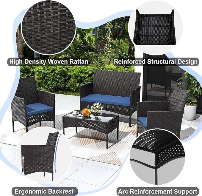 Gotland 8 Pieces Patio Furniture Set, Wicker Outdoor Furniture with 4 Chairs 2 Loveseats 2 Glass Coffee Tables, Weather-Resistant Patio Set, Conversation Set for Backyard Pool Porch Navy
